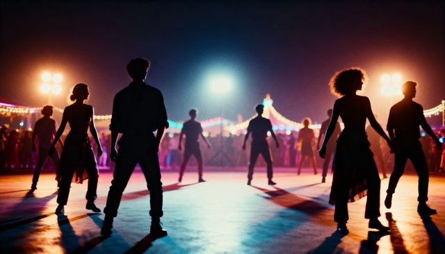 Night festival dancers performing silhouette choreography under colorful spotlights