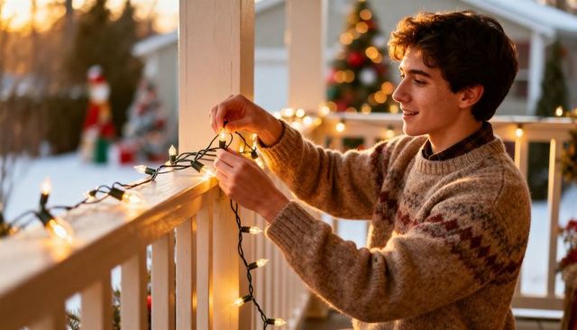 Young man hanging warm christmas lights on snowy porch at sunset