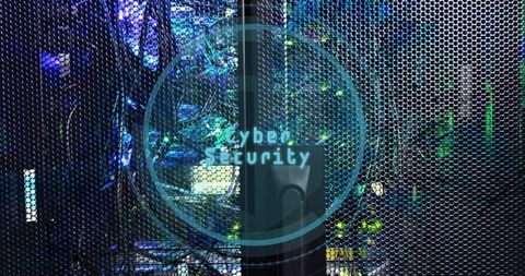 Cybersecurity overlay on server rack in modern data center