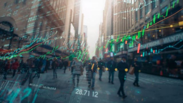 Busy Urban Street Scenes with Digital Market Insights Overlay