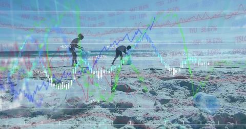 Volunteers Cleaning Beach with Environmental Data Overlay