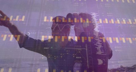 Couple Overlooking Ocean at Dusk with Data Visualization Overlay