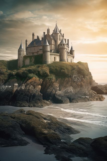 Sunset sky over castle on rocky and green island in sea, created using generative ai technology. Fairy tale, dream, mythology and historical fantasy concept digitally generated image.