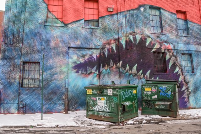 Vibrant shark mural on a brick industrial wall with two dumpsters in foreground. Ideal for urban art promotion, creative backgrounds, and street culture features.