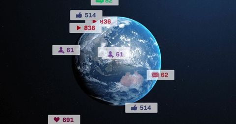 Social Media Notifications Floating Around Rotating Earth in Space