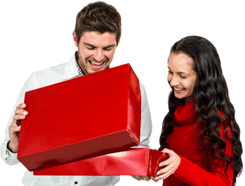 Young Couple Happily Opening Red Gift Box Transparent Background