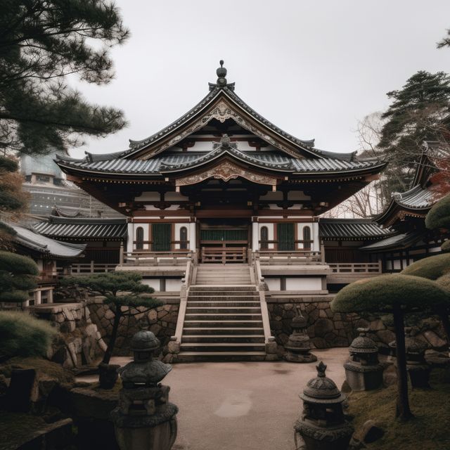 This image showcases a traditional Japanese temple nestled in a tranquil garden. It highlights the intricate architectural details and the natural beauty of the surroundings. Ideal for use in travel and tourism promotions, cultural and historical content, and articles focusing on Asian spirituality or Zen practices.