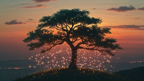 Magical dreaming tree with swirling light particles at dusk