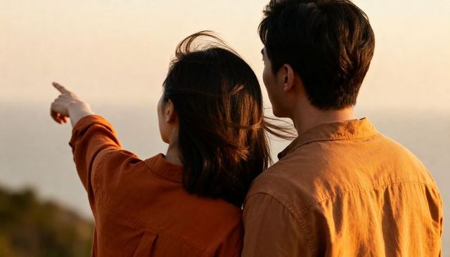 Romantic couple pointing toward ocean at sunset wearing rust shirts embracing golden hour