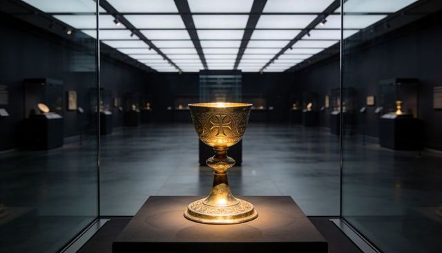 Glowing ornate golden chalice on plinth in dim museum gallery with cross engraving