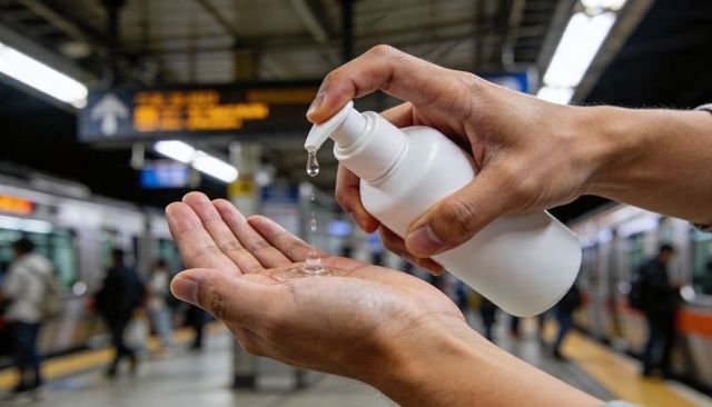 Dispensing hand sanitizer on busy subway platform with commuters and train in background