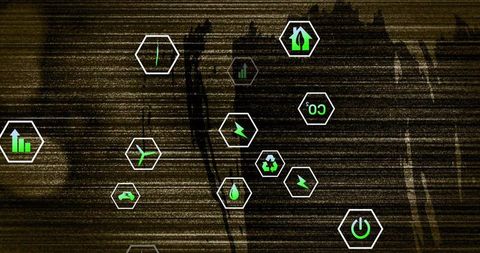 Glowing eco hexagon icons on glitchy digital background for sustainability and energy tech