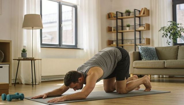 Man practicing deep forward stretch on yoga mat in bright living room for home workout