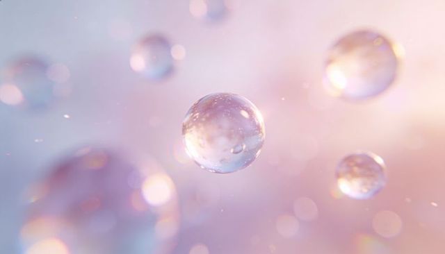 Floating translucent bubbles in pastel light, ethereal glass orbs with dreamy bokeh macro