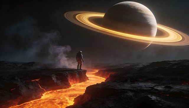 Astronaut standing on volcanic plain facing ringed gas giant over flowing lava river