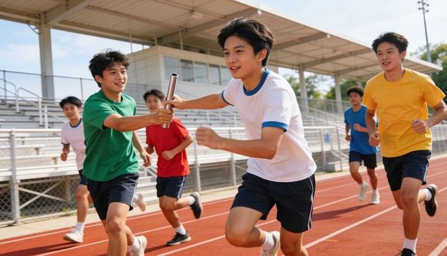 Teenage boys sprinting and passing baton during relay race on red track at stadium