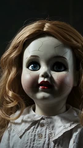 Vertical video panning across cracked porcelain doll with curly wig on dark shelf haunting
