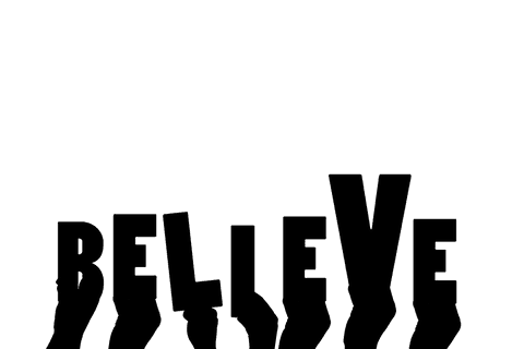 Hands presenting believe text on transparent background