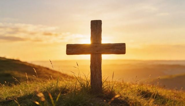 Sunset backlit wooden cross on hilltop glowing at golden hour with grass silhouette