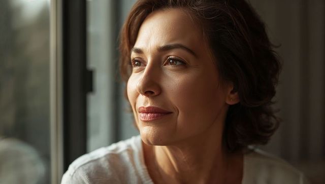 Gazing middle-aged woman catching warm window light, serene contemplative closeup portrait