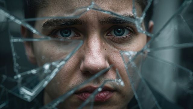 Man peering through shattered glass pane with intense blue eyes and pensive look