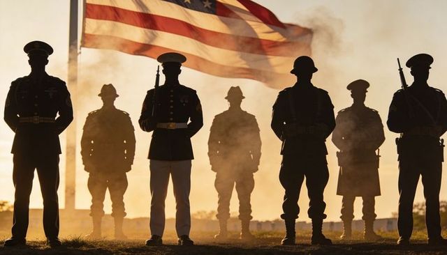 Silhouetted Honor Guard Standing at Sunrise with American Flag During Military Ceremony