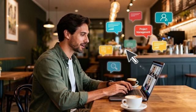 Joining Remote Video Meeting in Cafe with Headset and Laptop, Coffee, Project Icons