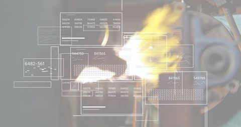 Gas torch emitting yellow-orange flame with hud telemetry overlays industrial diagnostics