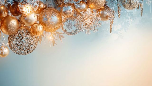 Golden champagne ornament cluster with filigree baubles, snowflakes and warm lights