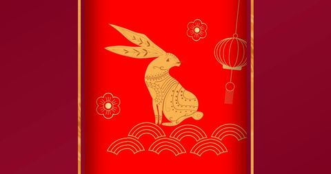 Chinese new year rabbit with golden patterns on red