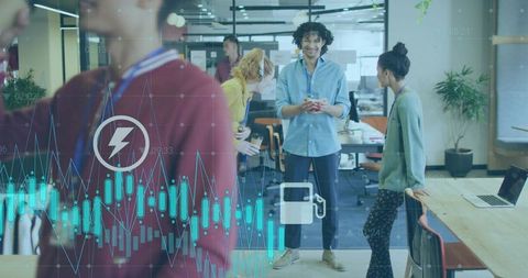 Young team collaborating in modern coworking space with data visualization and energy icons