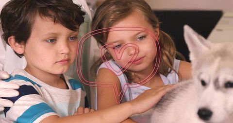 Children Caring for Husky Puppy in Veterinary Exam Room