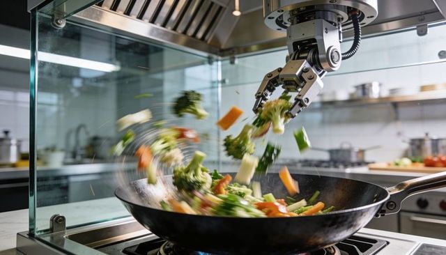 Robotic arm tossing stir-fry vegetables in wok over gas flame, high-tech kitchen