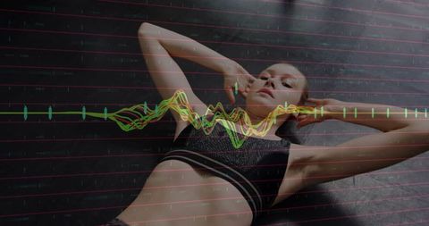 Overhead view athlete performing core workout on mat with neon waveform and grid overlay