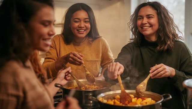 Friends cooking together stirring hearty one-pot meals at stove laughing in warm kitchen