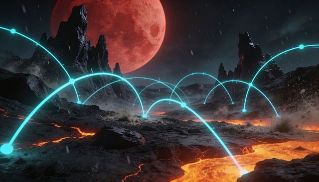 Alien magma plain under blood-red moon with glowing cyan energy arcs linking nodes