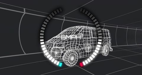 3d wireframe suv with digital speedometer overlay in tunnel