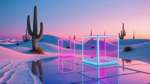 Futuristic Neon Structures in Serene Desert Landscape