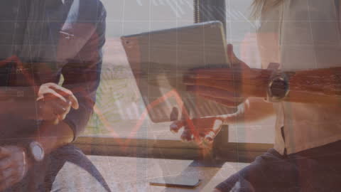 Business Professionals Discussing Data with Digital Interface Overlay