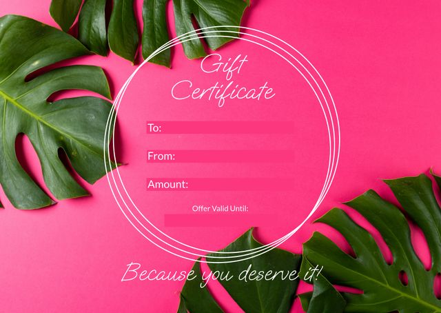 Elegant Gift Certificate with Tropical Leaves on Pink Background - Download Free Stock Templates Pikwizard.com