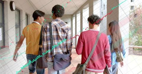 Students walking campus corridor carrying messenger bags with financial data overlay