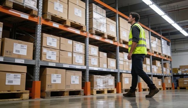 Warehouse worker inspecting pallet racks and labeled boxes wearing high-visibility vest