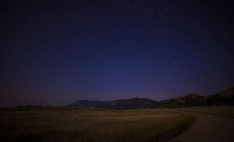 Starry Night Sky Over Calm Meadow Landscape