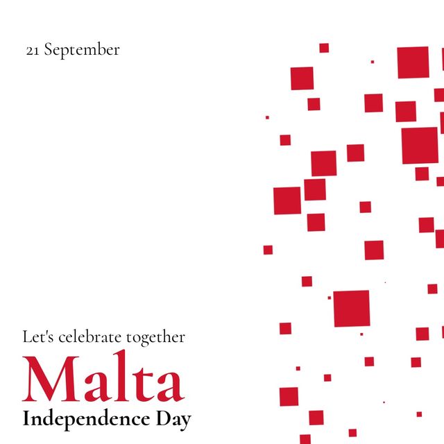 This banner is perfect for promoting Malta's Independence Day events, social media posts, or national day announcements. The abstract red squares add a modern and festive touch. Ideal for online and print purposes.