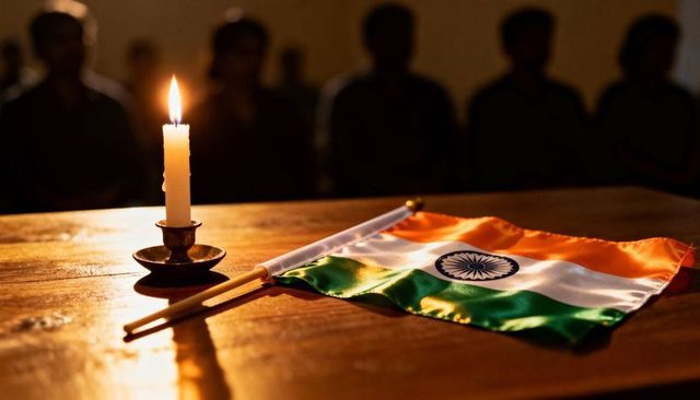 Resting indian flag beside candlelight vigil on wooden table evoking tribute and remembrance