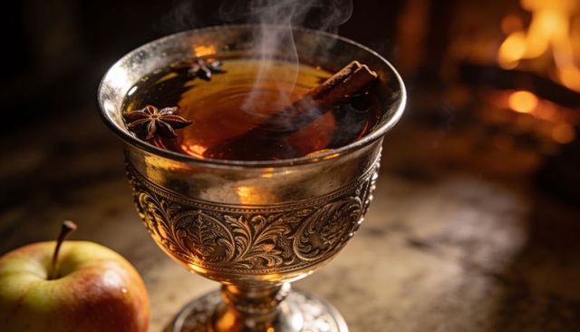 Steaming engraved goblet brimming with spiced mulled wine, cinnamon and star anise beside apple