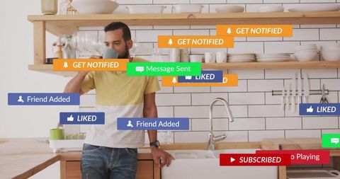 Modern lifestyle with social media notification overlays in kitchen
