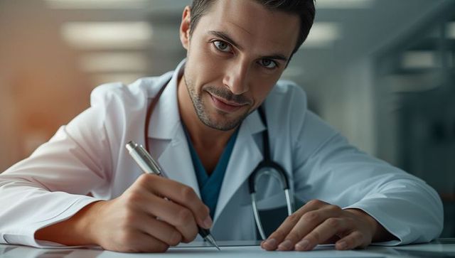 Doctor in White Coat Writing Medical Notes in Clinic