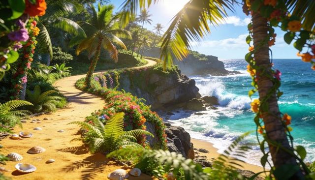 Tropical coastal walkway curving sandy path, palm trees, seashells, turquoise surf