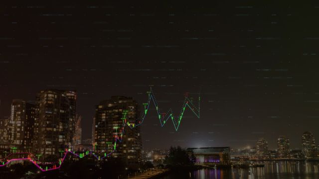 Futuristic conceptual portrayal intertwining digital data analytics with urban nightscape. Illuminated city buildings signify global connections, perfect for technology promotions, smart city outreach, and data visualization use cases.